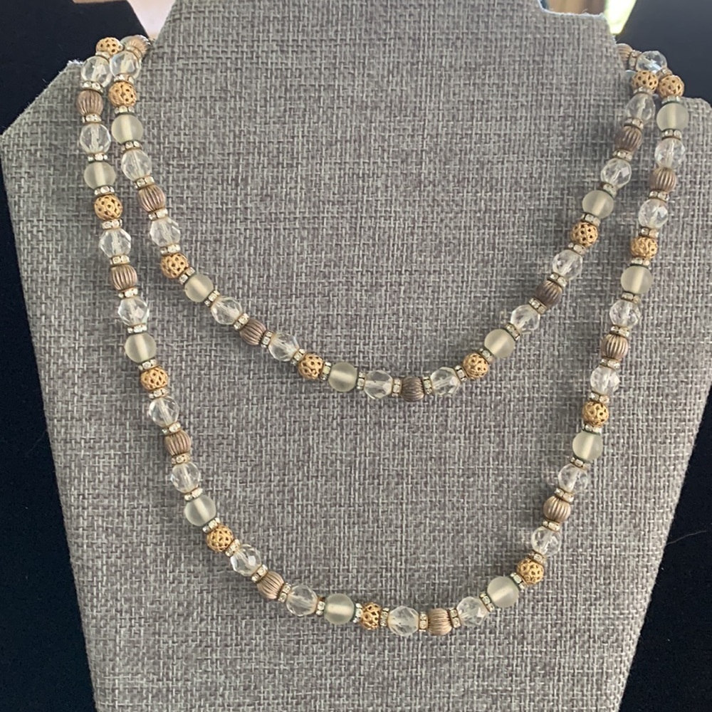Vintage Glass‎ & Metal Beaded Long Necklace 35”